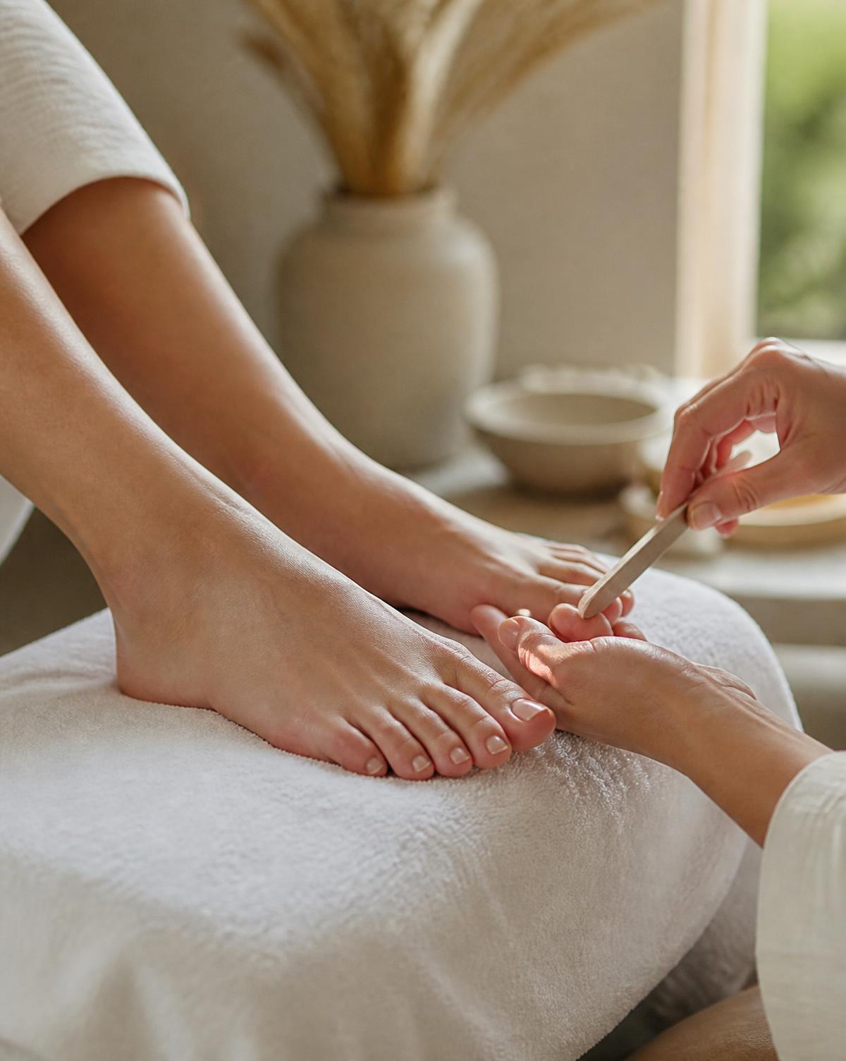Medische pedicure behandeling met verzorgde voeten op een witte handdoek
